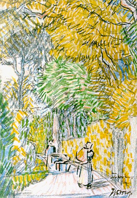 Jan Toorop | Laantje met wandelaars, gekleurd krijt op papier, 15,6 x 11,2 cm, gesigneerd r.o.