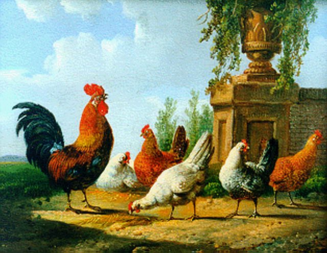Albertus Verhoesen | Haan met vijf kippen bij een muurtje, olieverf op paneel (2 stuks), 12,8 x 15,4 cm