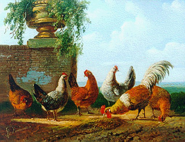 Albertus Verhoesen | Haan met vijf kippen, olieverf op paneel, 12,5 x 15,5 cm, gesigneerd l.o.