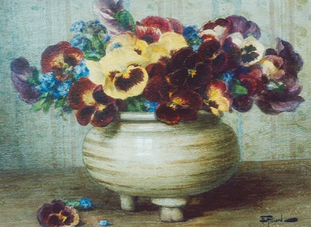 Ernest Filliard | Viooltjes in aardewerken pot, aquarel op papier, 42,5 x 34,2 cm, gesigneerd r.o.