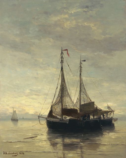Hendrik Willem Mesdag | Visserschepen voor anker, olieverf op doek, 71,0 x 57,0 cm, gesigneerd l.o. en gedateerd 1884