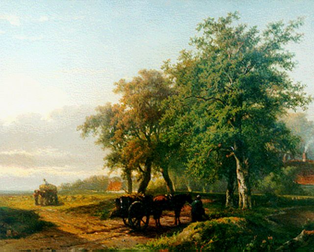 Georgius Heerebaart | Hooiwagens aan de rand van het bos - i.o.!!!, olieverf op paneel, 35,8 x 45,4 cm, gesigneerd l.o.