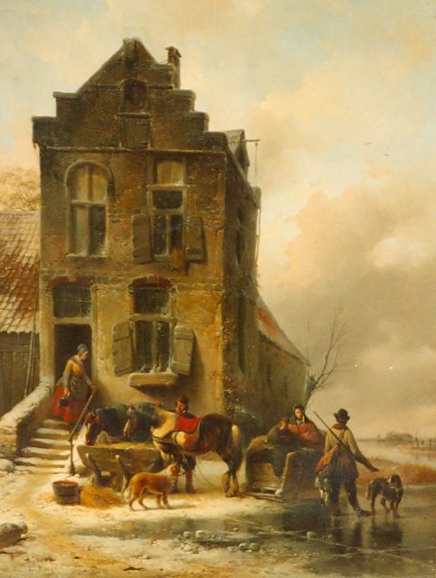 Josephus Jodocus Moerenhout | Pleisterplaats op een zonnige winterdag, olieverf op paneel, 74,0 x 56,4 cm, gesigneerd l.o. en gedateerd 1842