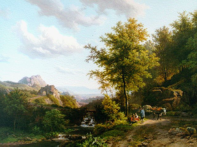 Barend Cornelis Koekkoek | Heuvellandschap met rustend boerenvolk onder een eik, olieverf op paneel, 38,5 x 51,9 cm, gesigneerd r.o. en gedateerd 1843