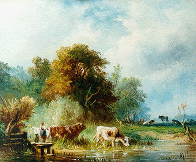 Albert Jurardus van Prooijen | Koeien in polderlandschap, olieverf op paneel, 13,5 x 16,5 cm, gesigneerd r.o.