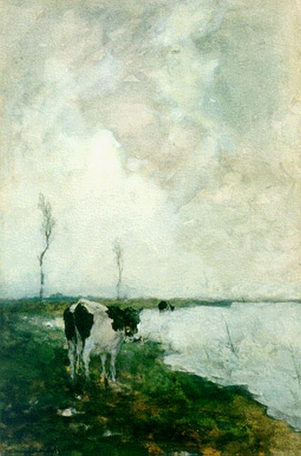 Weissenbruch H.J.  | Koe bij een poldervaart, aquarel op schildersboard 44,0 x 29,5 cm, gesigneerd l.o.