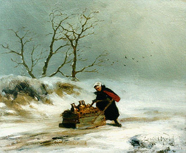 Louis Apol | Vrouw met slede in winterlandschap, olieverf op paneel, 19,2 x 23,6 cm, gesigneerd r.o. en te dateren ca. 1872-1875