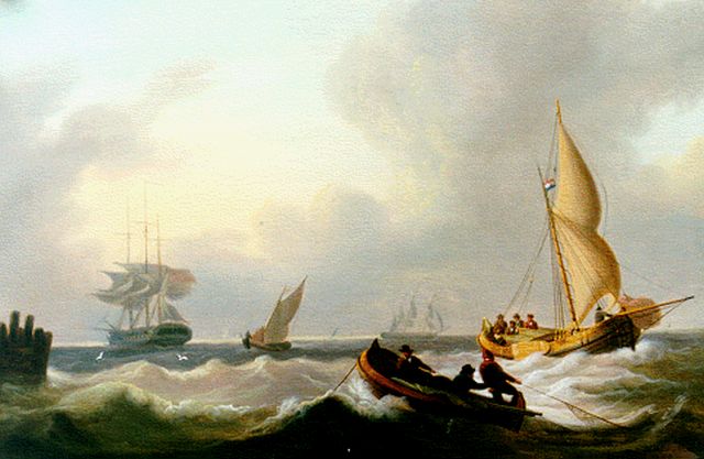 Kleyne D.  | Zeilschepen en visserssloep op zee, olieverf op paneel 25,0 x 37,0 cm