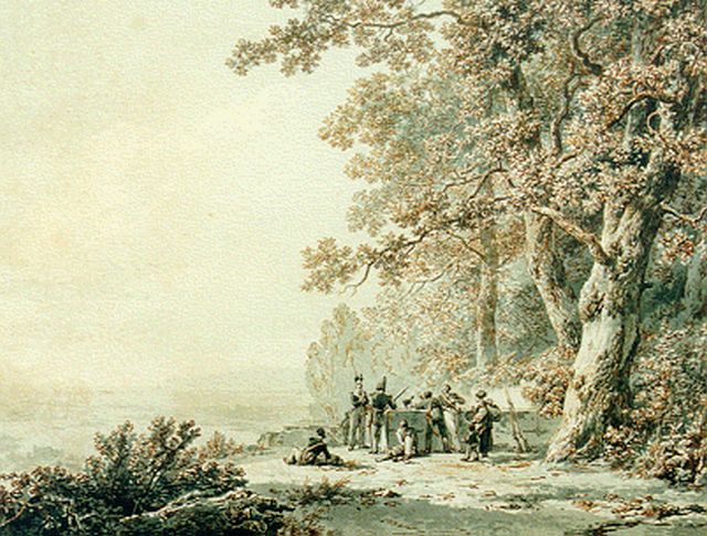 Barend Cornelis Koekkoek | Panoramisch landschap met militairen, sepia op papier, 25,2 x 32,7 cm, gesigneerd r.o. en gedateerd 1830