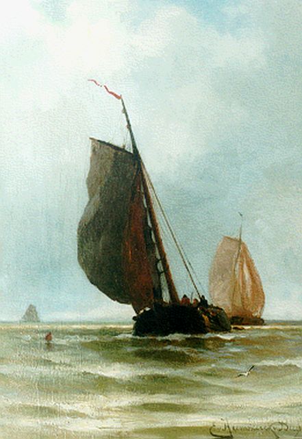 Jacob Eduard van Heemskerck van Beest | Zeilende platbodems, olieverf op paneel, 50,0 x 34,7 cm, gesigneerd r.o.