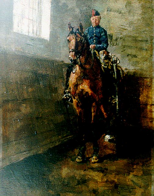Isaac Israels | Huzaar van de rijschool van Bouree, olieverf op paneel, 24,9 x 20,0 cm, gesigneerd r.o. en gedateerd 1880