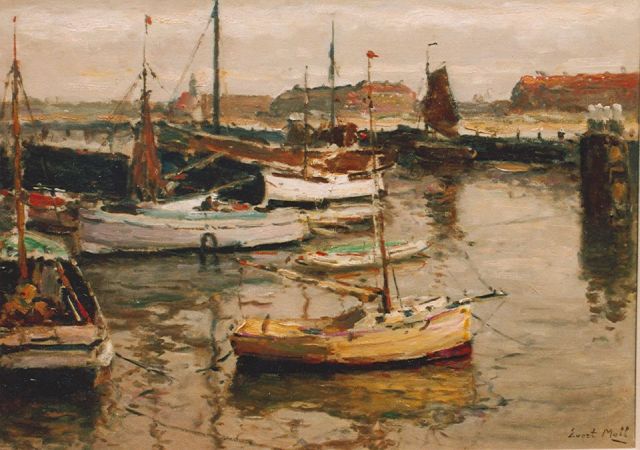 Evert Moll | Boten in de haven van Scheveningen, olieverf op doek, 50,2 x 70,4 cm, gesigneerd r.o.