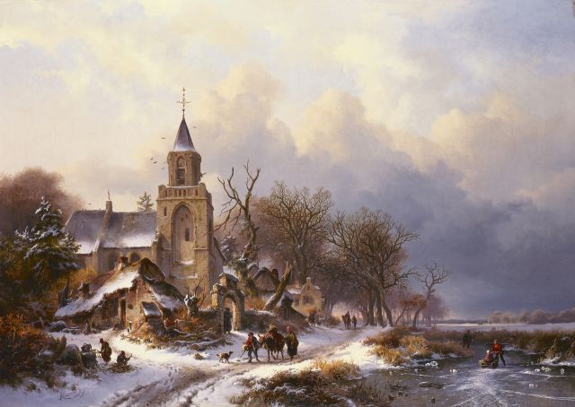Frederik Marinus Kruseman | Winters landschap met kerk en figuren, olieverf op doek, 79,0 x 111,3 cm, gesigneerd l.o. en gedateerd 1858
