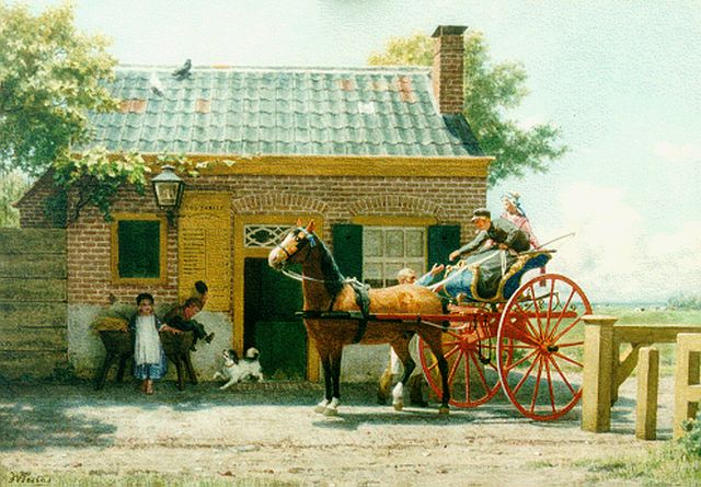 Willem de Famars Testas | Hollandse boerensjees en tolhek, aquarel op papier, 38,0 x 54,0 cm, gesigneerd l.o. en verso gedateerd 1877