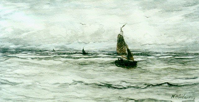 Hendrik Willem Mesdag | Bomschuiten op zee, aquarel op papier, 36,3 x 65,7 cm, gesigneerd r.o.