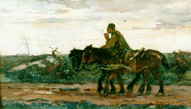 Johannes Evert Akkeringa | Boer met zijn trekpaarden, aquarel op papier, 30,5 x 50,0 cm, gesigneerd r.o.