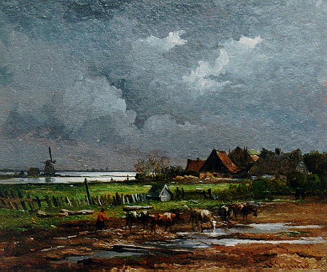 Arnoldus Johannes Eymer | Bijeendrijven van de kudde voor het onweer, 25,7 x 31,3 cm, gesigneerd r.o.