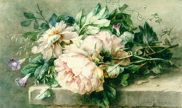 Margaretha Roosenboom | Bloemstilleven van pioenrozen en haagwinde, aquarel op papier, 40,6 x 65,2 cm, gesigneerd r.o.