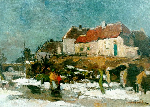 Frans Langeveld | Winterlandschap met figuren, olieverf op doek, 35,3 x 49,1 cm, gesigneerd r.o. en gedateerd 1-'20