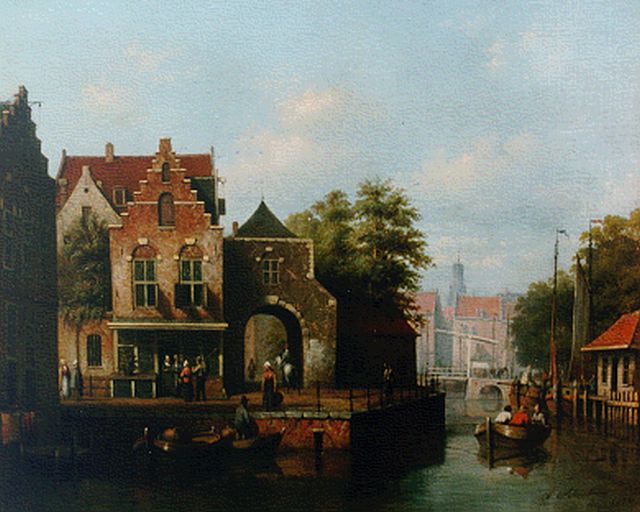 Andries Scheerboom | Bedrijvigheid aan de stadsgracht, olieverf op doek, 53,5 x 66,6 cm, gesigneerd r.o. en gedateerd 1856