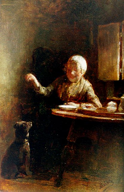 Mélis H.J.  | Jong meisje leert haar hond trucjes, olieverf op doek 39,1 x 26,0 cm, gesigneerd r.o.