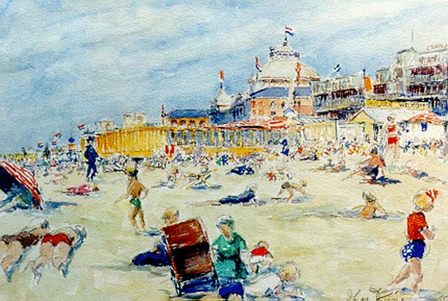 Jaap Visser | Zomers gezicht op Scheveningen met het Kurhaus, aquarel op papier, 36,0 x 51,3 cm, gesigneerd r.o. en gedateerd '47