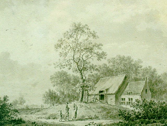 Barend Cornelis Koekkoek | Zomers landschap met wandelaars, sepia op papier, 13,6 x 17,5 cm, gesigneerd r.o.