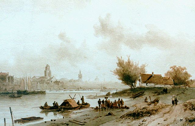 Charles Leickert | Vissersvolk bij de rivier, inkt en aquarel op papier, 26,0 x 40,5 cm, gesigneerd r.o.