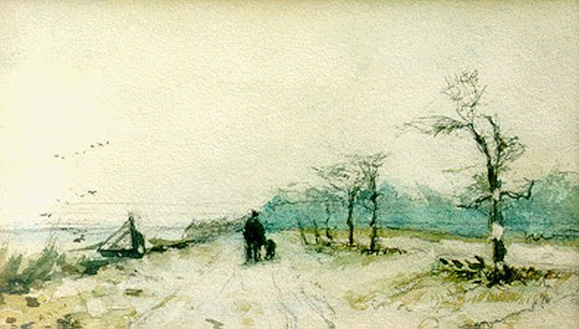 Louis Apol | Reizigers op een pad, krijt en aquarel op papier, 16,5 x 28,2 cm