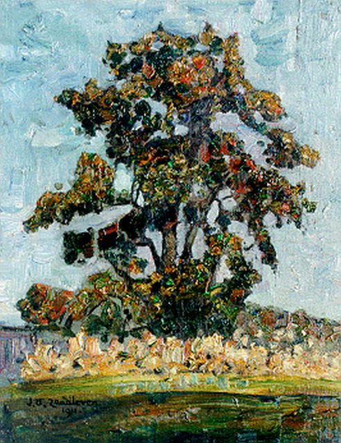 Jan Adam Zandleven | Landschap met boom, olieverf op doek op schildersboard, 41,5 x 32,5 cm, gesigneerd l.o. en gedateerd 1911