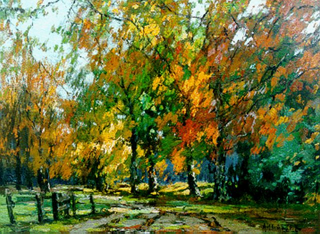 Arnold Marc Gorter | Bosgezicht in de herfst, olieverf op doek, 26,7 x 36,1 cm, gesigneerd r.o.