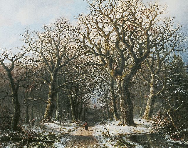 Everardus Mirani | Winters bosgezicht met houtsprokkelaars en wandelaarster, olieverf op paneel, 59,8 x 76,0 cm, gesigneerd l.v.h.m.