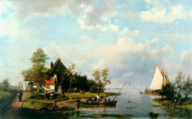 Hermanus Koekkoek | Rivierlandschap met botenwerkplaats op de wal, olieverf op doek, 47,4 x 74,9 cm, gesigneerd l.o.