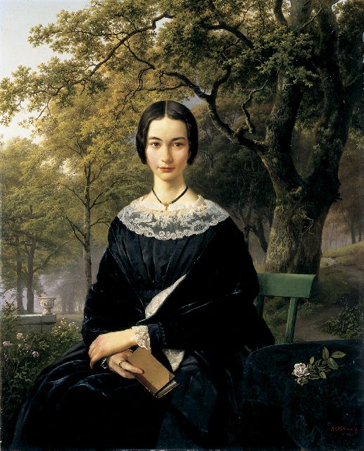 Barend Cornelis Koekkoek | Portret van een jonge vrouw in een parklandschap, olieverf op doek, 84,7 x 64,0 cm, gesigneerd r.o. en gedateerd 1846
