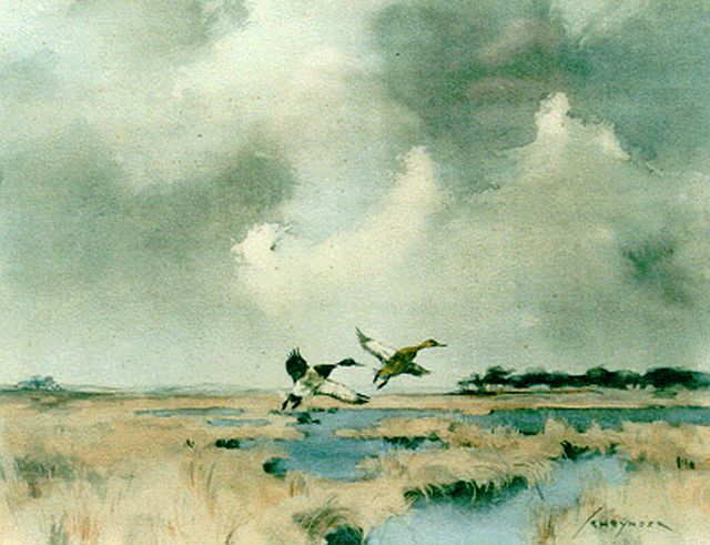 Jo Schijnder | Opvliegende eenden, aquarel en gouache op papier, 21,0 x 27,5 cm, gesigneerd r.o.
