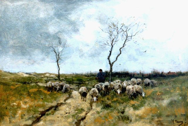 Anton Mauve | Schaapherder met zijn kudde op de Larense hei, olieverf op doek, 42,9 x 63,8 cm, gesigneerd r.o.