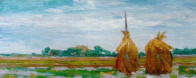 Arnout Colnot | Korenschoven in een landschap, olieverf op doek op paneel, 16,7 x 41,1 cm, gesigneerd r.o.