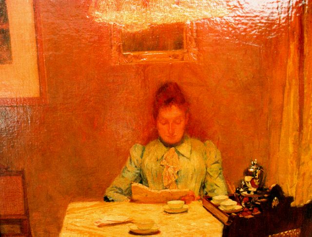 Ferdinand Oldewelt | Huiselijk interieur met lezende vrouw, olieverf op doek, 37,8 x 45,4 cm, gesigneerd r.o.