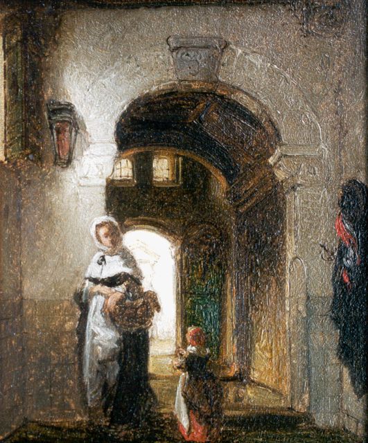 Johannes Anthonie Balthasar Stroebel | Figuren in Oud-Hollands binnenhuis, olieverf op paneel, 14,1 x 11,7 cm, gesigneerd met 'S' en gedateerd 1870 in de kapitelen