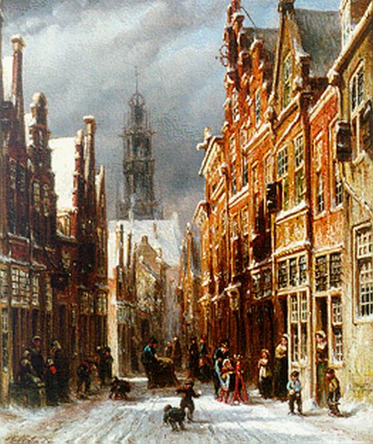 Petrus Gerardus Vertin | Winters straatje met de Bakenessekerk, Haarlem, olieverf op paneel, 25,4 x 21,2 cm, gesigneerd l.o.
