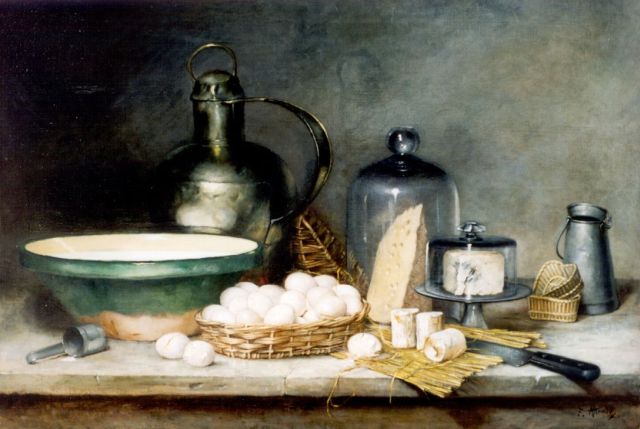 Antoine Ferdinand Attendu | Stilleven met tinnen kan, olieverf op doek, 85,4 x 120,2 cm, gesigneerd r.o.