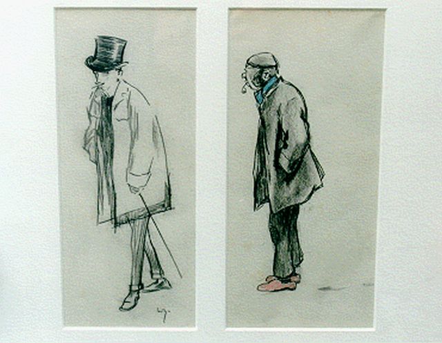 Willy Sluiter | Een man met hoge hoed en een man met pijp, potlood en kleurpotlood op papier, 29,5 x 30,0 cm, gesigneerd l.o.