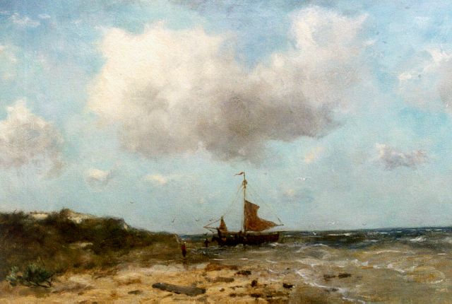 Johan Frederik Cornelis Scherrewitz | Afgemeerde bom op het strand, olieverf op doek, 36,0 x 51,0 cm, gesigneerd l.o.