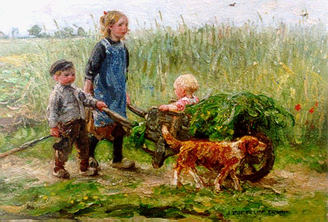 Jan Zoetelief Tromp | Kinderen met hond in het veld, olieverf op paneel, 23,7 x 34,0 cm, gesigneerd r.o.