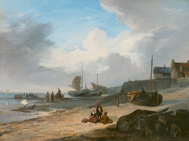Jacobus Pelgrom | Kustgezicht met vissersboten op het strand, olieverf op paneel, 14,6 x 19,5 cm, gesigneerd m.r.