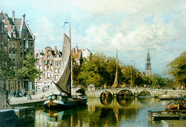 Karel Klinkenberg | Amsterdamse gracht met afgemeerde platbodems, olieverf op doek, 39,0 x 53,2 cm, gesigneerd r.o.