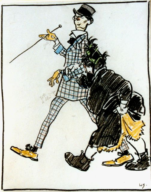 Sluiter J.W.  | Twee clowns aan de wandel, krijt op papier 23,0 x 18,5 cm, gesigneerd r.o. met initialen