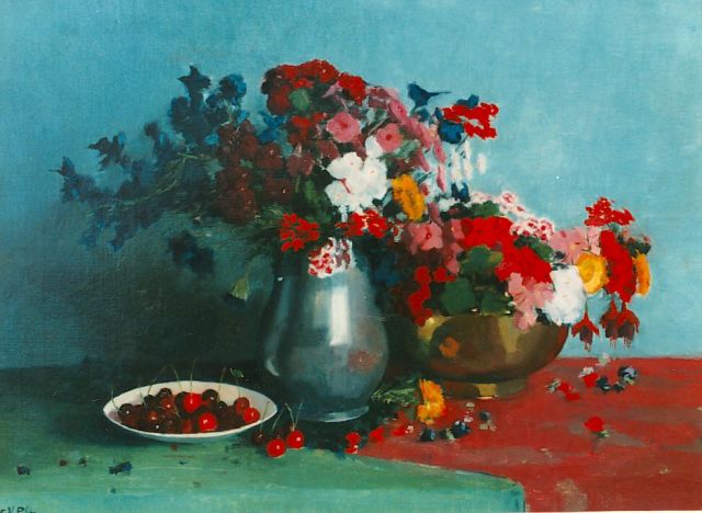 Gottfried van Pelt | Stilleven van bloemen en kersen, olieverf op doek, 56,0 x 76,0 cm, gesigneerd l.o.
