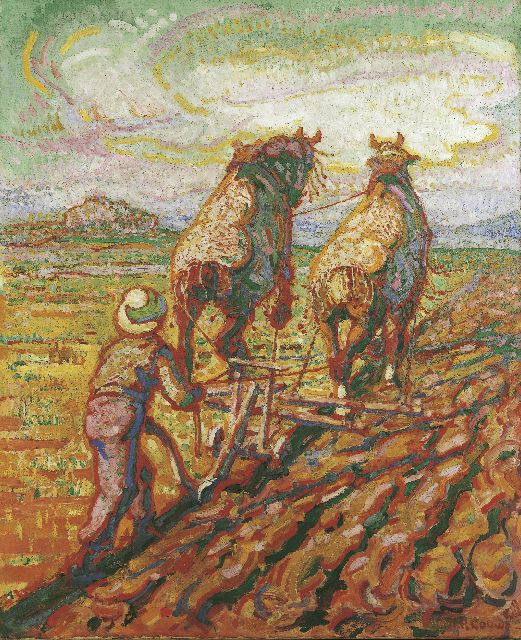 Herman Gouwe | Ploegende paarden, olieverf op doek, 74,5 x 61,5 cm, gesigneerd r.o. en te dateren ca. 1923