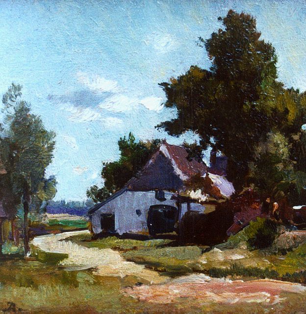 Johannes Evert Akkeringa | Boerderij in een zomers landschap, olieverf op paneel, 12,1 x 12,3 cm, gesigneerd l.o. met monogram